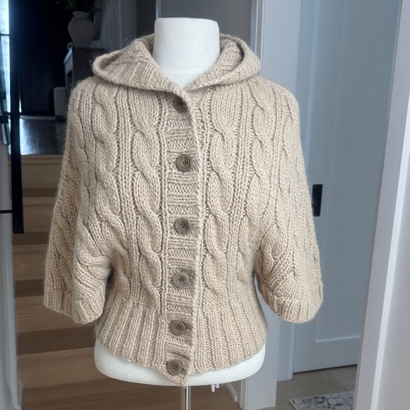 Alice Blue Chunky Cable Knit Hooded Alpaca Blend Cardigan Sweater Size L - Picture 1 of 6